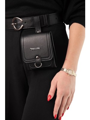 Kadın Suni Deri Kemerli Çanta Dokulu Siyah