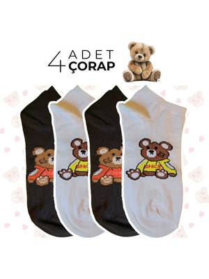 4 Çift Unisex Teddy Bear Sneaker Çorap, Ayıcık Desenli Patik Çorap, Ayıcıklı Çorap