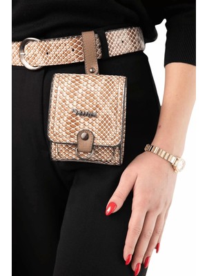 Kadın Suni Deri Kemerli Çanta Krem Yılan Derisi