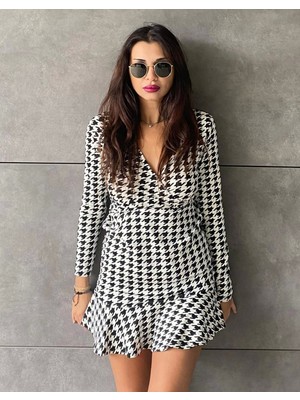 Defy Moda Kadın Uzun Kollu Kruvaze Yaka Kazayağı Mikro Mini Boy Elbise