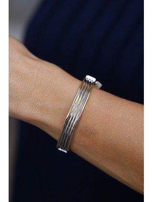 Yenigün Kuyumculuk 14 Ayar Altın Beyaz Altın Şeritli Kelepçe