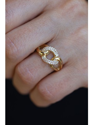 Yenigün Kuyumculuk 14 Ayar Altın Taşlı Oval Zincir Modeli Yüzük