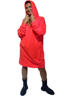 Neon Pembe Oversize Hoodie Sweat Elbise