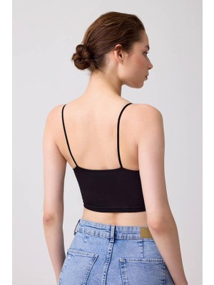 Siyah Pamuklu İnce Askılı Kadın Crop Top Büstiyer