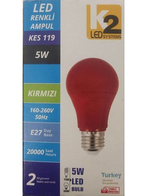 K2 Kırmızı 5W Renkli LED Ampul E-27 420 Lümen