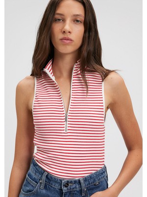 Dik Yaka Fermuarlı Kırmızı Çizgili Tişört 1612425-88688