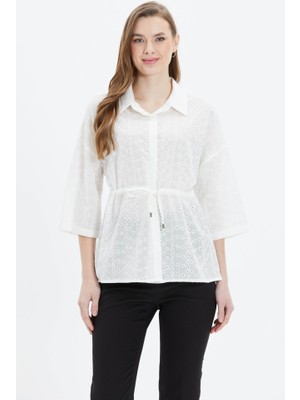 Gömlek Yaka Düşük Kol Beli Büzgülü Brode Bluz