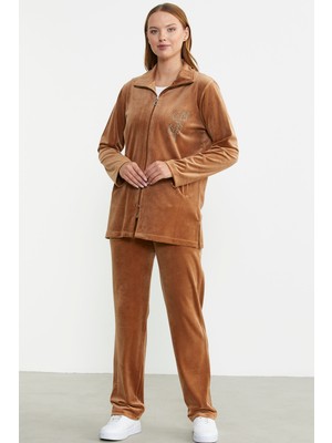 Sementa Fermuarlı Kadife Tunik Eşofman Takım - Vizon