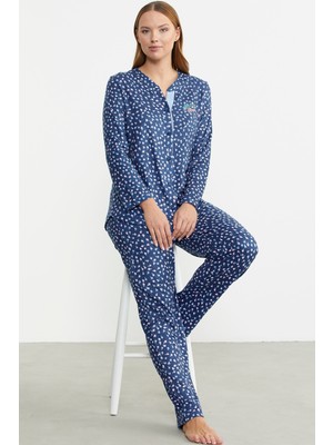 Yumoş Düğmeli Uzun Kol Pijama Takım - Mavi