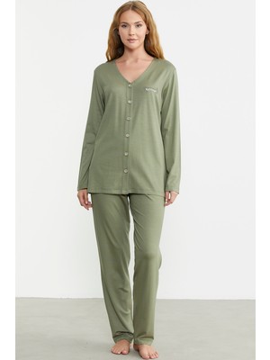 Önden Düğmeli Rahat Kalıp Pijama Takım - Yeşil