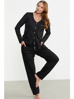 Önden Düğmeli Rahat Kalıp Pijama Takım - Siyah