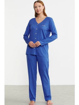 Önden Düğmeli Rahat Kalıp Pijama Takım - Saks