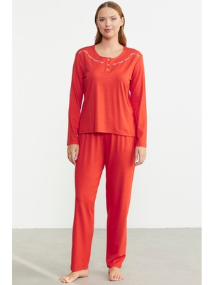Sıfır Yaka Düğmeli Pijama Takım - Mercan