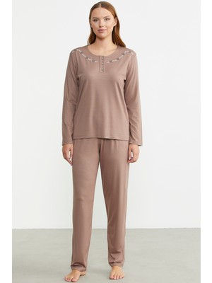 Sıfır Yaka Düğmeli Pijama Takım - Koyu Vizon