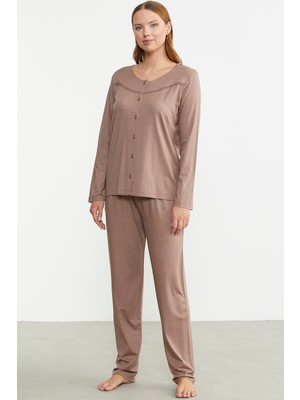 Düğme Kapamalı Rahat Kalıp Pijama Takım - Vizon
