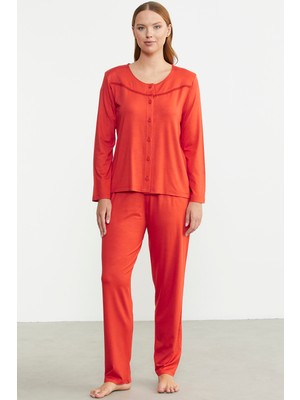Düğme Kapamalı Rahat Kalıp Pijama Takım - Mercan
