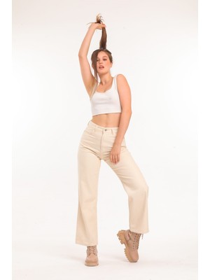 Pass&pass 2020 Kadın Likrasız Palazzo Jeans Kot Denim Pantolon - Bej