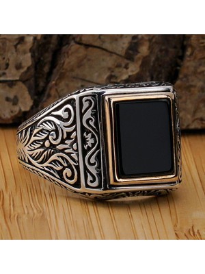 Siyah Onisk Taşlı Desenli Gümüş Erkek Yüzük