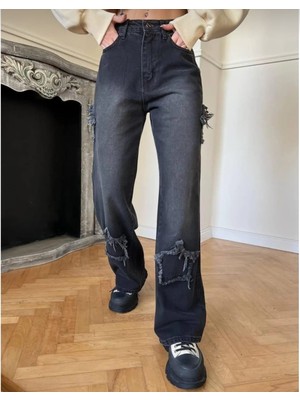 Pass&pass 2424 Kadın Yıldız Detaylı Baggy Jeans Kot Denim Pantolon - Siyah