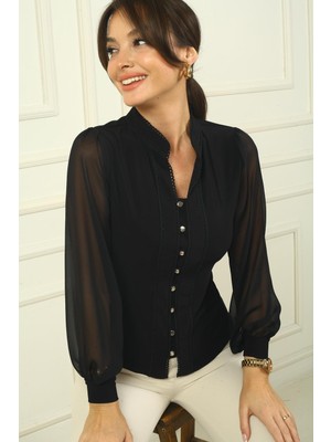 By Saygı Kadın Önü Düğmeli Kolları Tül Hakim Yaka Gömlek