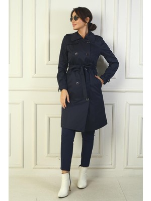 By Saygı Kadın Önü Düğmeli Beli Kuşaklı Cepli Pardesü