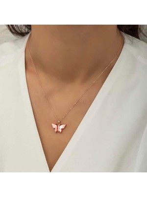 Usho Jewelry Gümüş Rose Pembe Kaplangözü Taşlı Kelebek Kolye