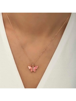 Usho Jewelry Gümüş Rose Pembe Kaplangözü Taşlı Kelebek Kolye