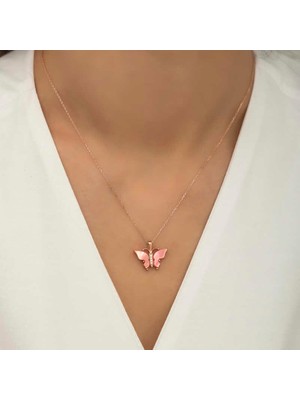 Usho Jewelry Gümüş Rose Pembe Kaplangözü Taşlı Kelebek Kolye