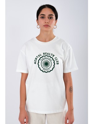 Coredra Mental Health Club Relaxed Fit Kadın T-Shirt - Ekru