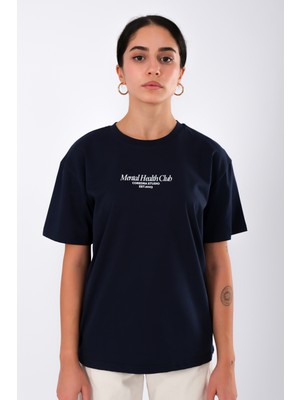 Coredra Mental Health Club Relaxed Fit Kadın T-Shirt - Lacivert