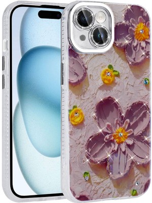 Heptek İletişim Apple iPhone 15 Kılıf Çiçek Desenli Parlak Taşlı Sert Silikon Kapak (Garden)