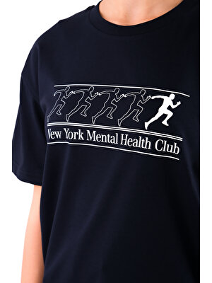 Coredra New York Mental Health Club Relaxed Fit Kadın T-Shirt - Lacivert