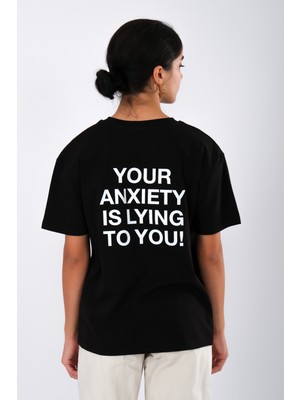 Coredra Anxiety Relaxed Fit Kadın T-Shirt - Siyah