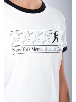 Coredra Regular Fit Lacivert Kontrast Ribanalı Ekru T-Shirt Kadın - New York Mental Health Club