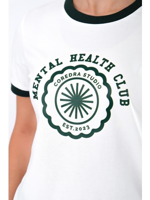 Coredra Regular Fit Yeşil Kontrast Ribanalı  Ekru T-Shirt Kadın - Mental Health Club