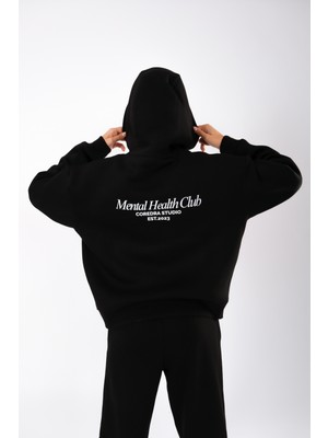 Coredra Mental Health Club Relaxed Fit Hoodie Kadın - Siyah