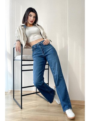 Hlt Jeans Mavi Kadın Wide Leg Jean Yüksek Bel Palazzo Likralı Esnek Kot Pantolon JESSİCA-AÇMAVİ