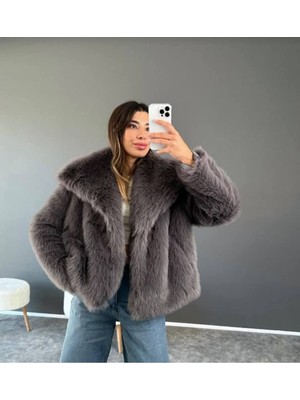 Içi Astarlı Kürk Kadın Günlük Antrasit Renk Uzun Kol Regular Fit Pelüş Kumaş Özellikli