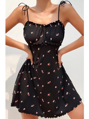 Bella Notte Romantik Baskılı Fitilli Fırfırlı Gece Elbisesi Gecelik