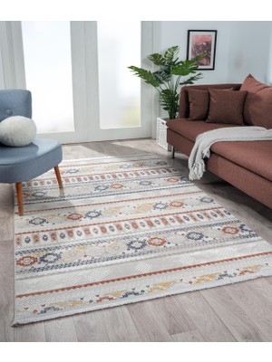 Karmen Halı Lotus 8565 Gri Halı Renkli Kilim Desenli Modern Ince Akrilik Tozuaz Salon Halısı Yatak Odası Koridor