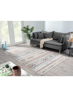 Karmen Halı Lotus 8565 Gri Halı Renkli Kilim Desenli Modern Ince Akrilik Tozuaz Salon Halısı Yatak Odası Koridor