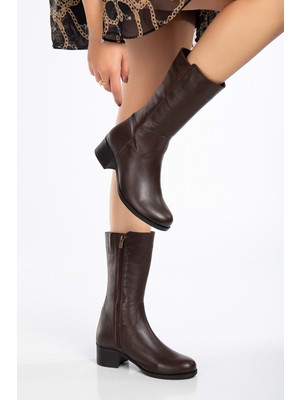 Analin Shoes Kadın Deri Klasik Fermuarlı Çizme - Kahve Hakiki Deri Kalın Topuklu Model 2119