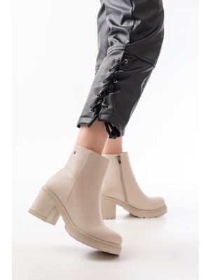 İnfon Ayakkabı 767-3020 Bej Fermuarlı Kalın Topuklu Günlük Kadın Bot