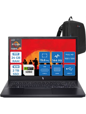 Acer Nitro V15 ANV15 Ryzen 5 7535HS 24GB Ddr5 2tb SSD 8GB/RTX4060/75W 15.6" Fhd 144Hz Windows 11 Home Dizüstü Bilgisayar R47EH06 + Zettaçanta