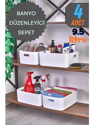 Mutfak Köşesi 4'lü Tidybox Büyük Boy 9.5 Lt Basic Banyo Organizeri Sepet, Dekoratif Buzdolabı Düzenleyici