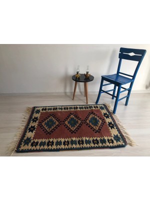 DesignEv Küçük Boy Geometrik Desenli Dekoratif El Dokuma Kilim 84x113 cm