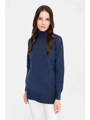 Desen Triko Kadın Tam Balıkçı Yaka Dikişsiz Kazak 23391 Lacivert