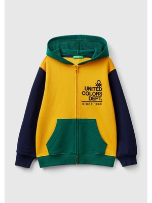 United Colors Of Benetton Benetton Erkek Çocuk Sarı Mix Önü Logo Işlemeli Fermuarlı ve Kapüşonlu Sweatshirt