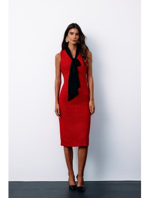 Fularlı Kolsuz Tüvit Elbise - Kırmızı