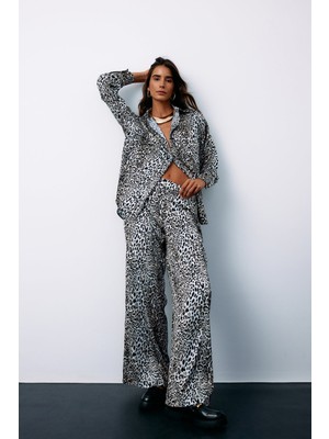 Yüksek Bel Saten Leopar Pantolon - Ekru
